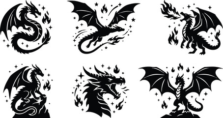 Fototapeta premium Black silhouette fire breathing dragons with stars and flames vector art set