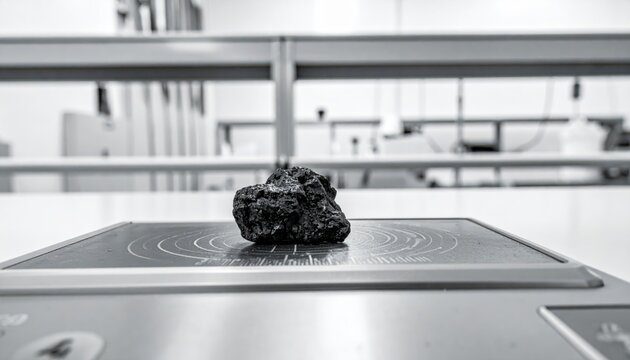 A small dark heavy uranium ore sample rests on a Geiger counter in a laboratory setting, showcasing radioactivity detection.