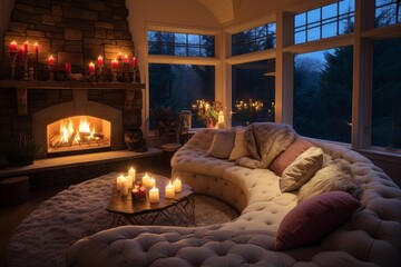 Obraz premium Living room with lit fireplace, candles, and comfortable sofa creating a warm, inviting ambiance