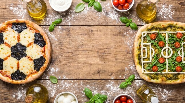 Two Soccer Theme Pizzas Flat Lay Composition with Copy Space