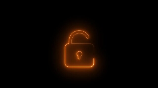 Neon red open lock on black background cybersecurity concept.4k video animation.