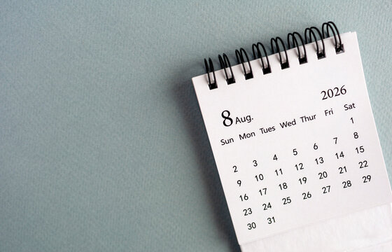 Hello August, desk calendar for planning for August 2026 on the table. 