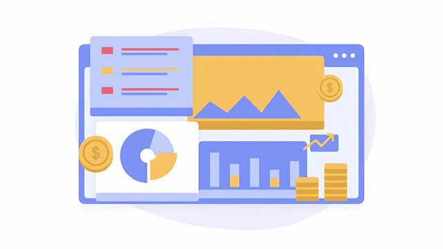 A flat design animation shows a financial dashboard with interactive charts graphs and gold coins for data analysis