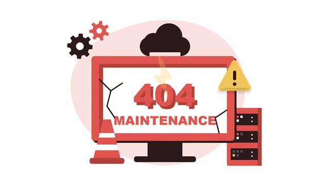 Animated 404 maintenance error page illustration featuring a cracked monitor with spinning gears and warning icons
