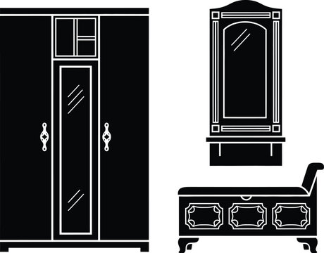 Black furniture set including a wardrobe mirror and chest silhouette
