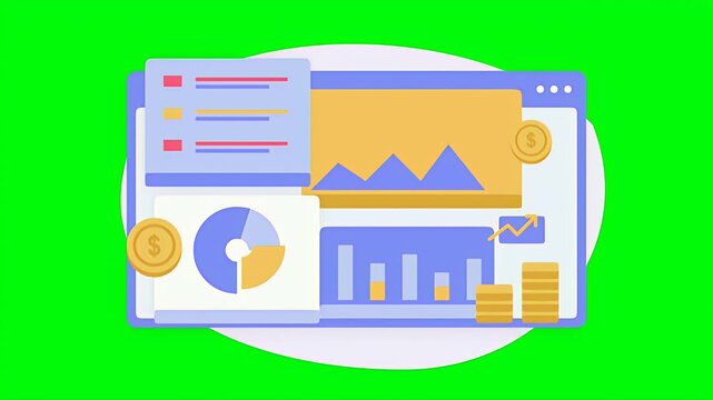 Animated business dashboard showing financial statistics with pie charts and bar graphs for data analysis