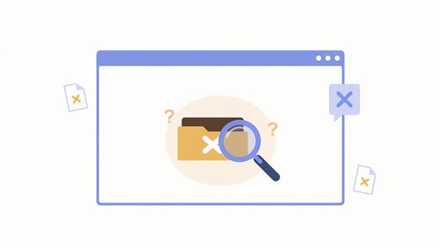 Animated illustration of a web browser with a magnifying glass over a folder with an error cross indicating missing data