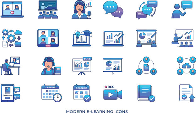 Modern E Learning Flat Icon Set Collection Featuring Online Education Virtual Classroom Webinar Training Editable Vector Digital Learning Icons Pack