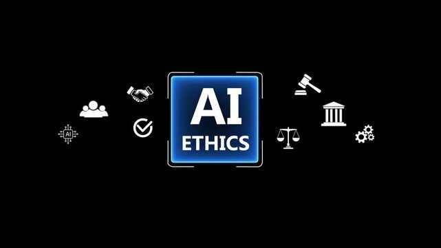 Businessman showing AI Ethics hologram with legal and social icons. Concept of responsible artificial intelligence, digital moral standards,governance, and technology regulations in business.4k video.