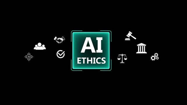 Businessman showing AI Ethics hologram with legal and social icons. Concept of responsible artificial intelligence, digital moral standards,governance, and technology regulations in business.4k video.