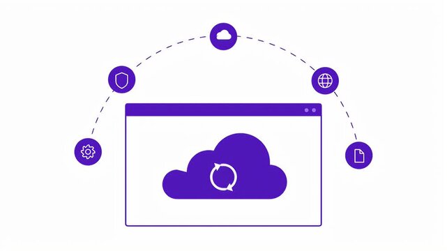 Cloud computing technology concept with data synchronization and security icons orbiting a web browser window