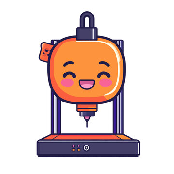 A smiling, cartoon 3D printer with an orange, smiling head. It has a purple and orange body