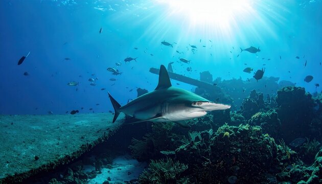 Majestic Hammerhead Shark Swims Through Sunlit Ocean Waters Near Coral Reef and Shipwreck, Surrounded by Schools of Fish.