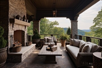 Obraz premium Elegant outdoor living room featuring comfortable furniture, stone fireplace, and lush green landscape
