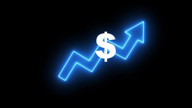 Money increases icon, dollar rate increase stretching arrow up icon .Glowing up arrow with dollar sign. Glowing neon line of dollar sign icon and up arrow isolated on transparent background.4k motion.
