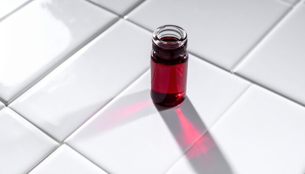 Small glass ampoule filled with dark reddish-brown liquid, likely bromine, casting a vibrant red shadow on a white tiled surface