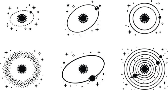 Black and white solar system planets orbiting sun vector line art