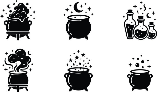 Black and white witch cauldron and potion bottles vector art set with stars and moon