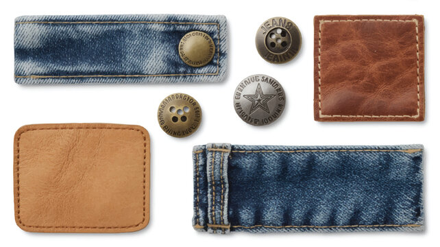 Denim and leather patches with buttons on white background