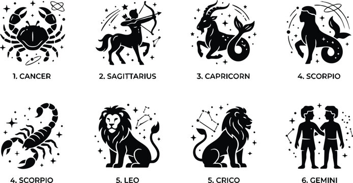 Black and white zodiac signs cancer sagittarius capricorn scorpio leo gemini icons set