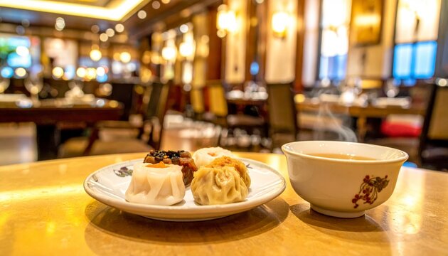 Steaming Hot Tea and Assorted Dim Sum on a Plate in a Restaurant Setting