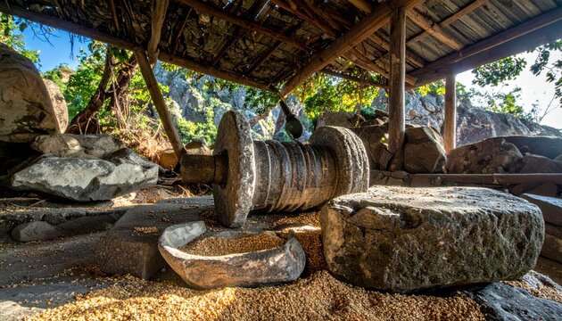 Weathered Basalt Grinding Stone Mill Demonstrating Heavy Use in Traditional Grain Processing