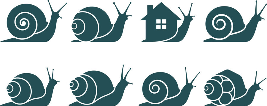 Collection of simple vector graphic illustrations of snails and a snail house for design concepts