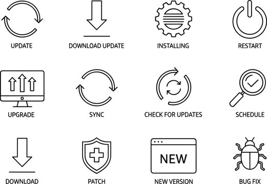 Set of Thin Line Icons for Software Updates and Operations download update installing