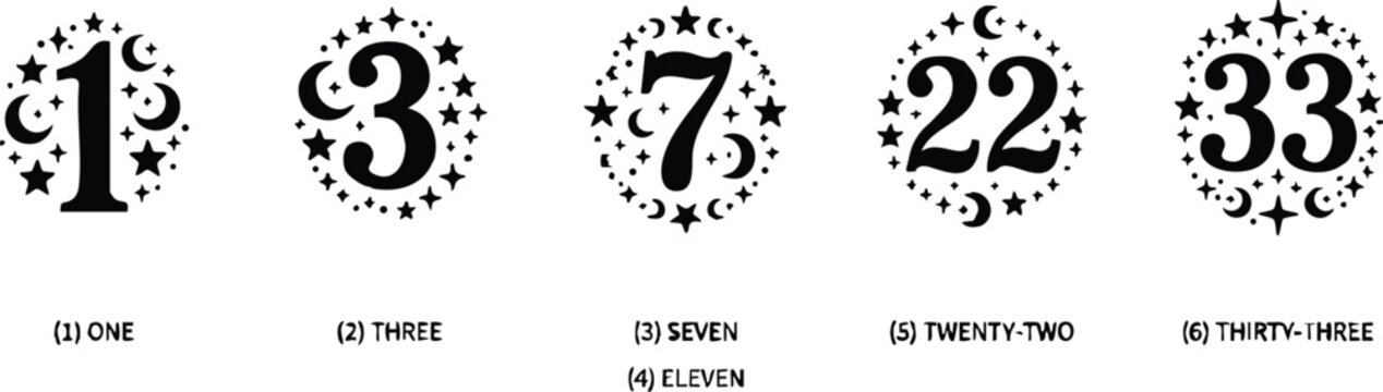 Black and white mystical numbers one three seven twenty two and thirty three surrounded by stars and moons