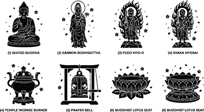 Black and white buddhist statues and temple items vector art with seated buddha kannon bodhisattva fudo myo o and shaka myorai