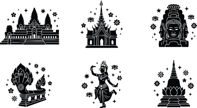 Southeast asian temples buddha head and traditional dancer