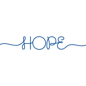 a minimalist vector illustration of the word "hope" in cerulean blue continuous-line art, with the 'o' as a halo, on a solid white background, conveying spiritual optimism