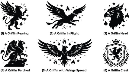 Fototapeta premium Black silhouette griffin set with rearing flight perched head wings spread and crest shield
