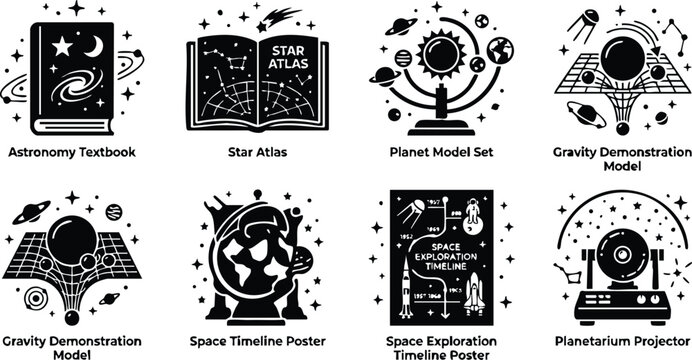 Black and white space timeline and gravity demonstration model vector set