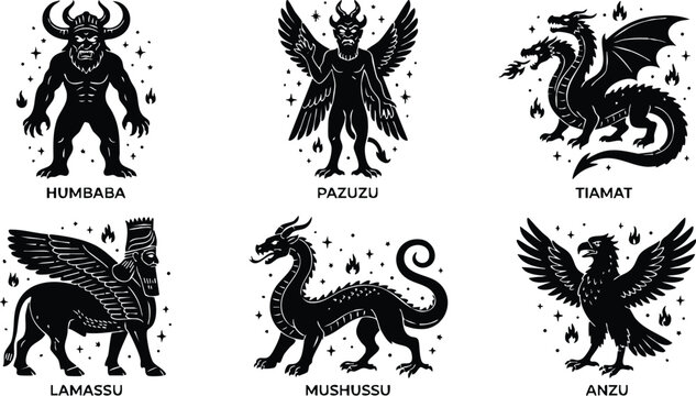 Black and white flat design mythical ancient mesopotamian creatures set with humbaba pazuzu tiamat lamassu mushussu anzu