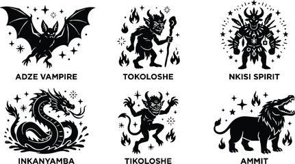 Fototapeta premium Black silhouette afro horror spirits set with adze vampire tokoloshe nkisi spirit inkanyamba tikoloshe and ammit