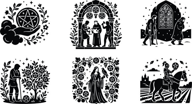Black and white pentacle tarot card set with medieval figures and symbolic elements