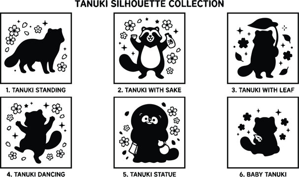 Black and white tanuki silhouette collection with sake leaf and dancing poses