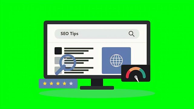 Animated computer monitor showing search engine optimization tips with performance gauge and star ratings