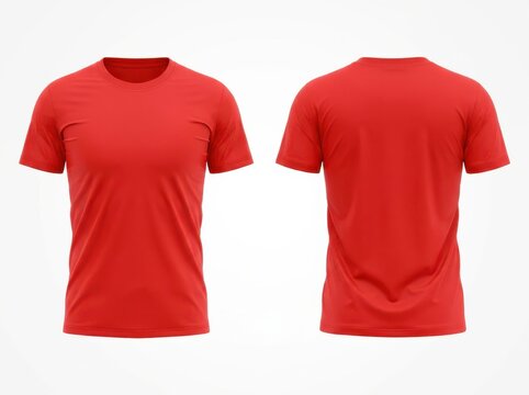 Red tshirt front and back views mockup, isolated on a clean white background.