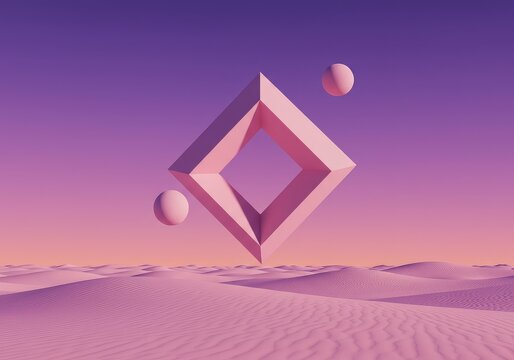 Abstract impossible geometry floating above a pastel desert plane, illuminated by a bizarre purple and pink dream sky, strange, conceptual, abstract