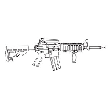 Outline illustration of a modern assault rifle with detailed components and accessories.