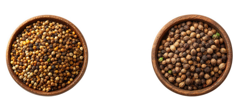 Two wooden bowls filled with coriander seeds on transparent background