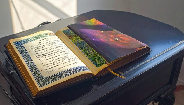 An exquisite illuminated manuscript, featuring intricate Celtic knotwork borders and ancient calligraphy, rests open on a dark wooden table.