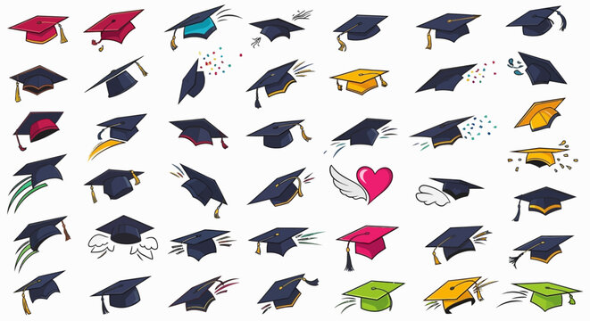 Graduation caps and diplomas flying.