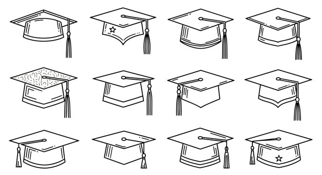 Graduation caps in various positions.