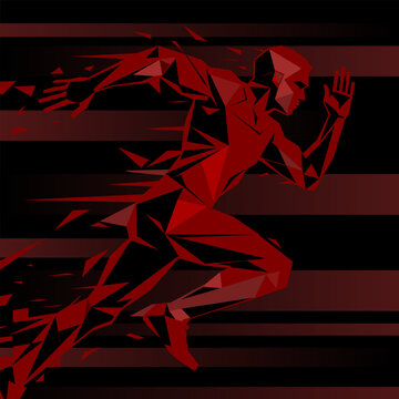 polygon geometric design depicts a runner man in dynamic red - black colour