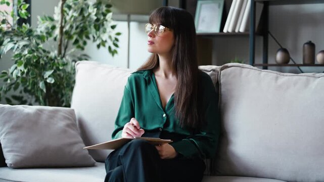 Video of female psychologist taking notes while sitting on the couch in her consultation