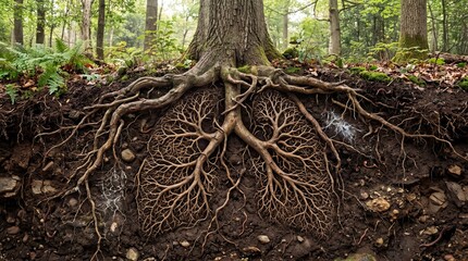 Fototapeta premium Tree roots, underground forest ecosystem, soil and root system, forest floor landscape