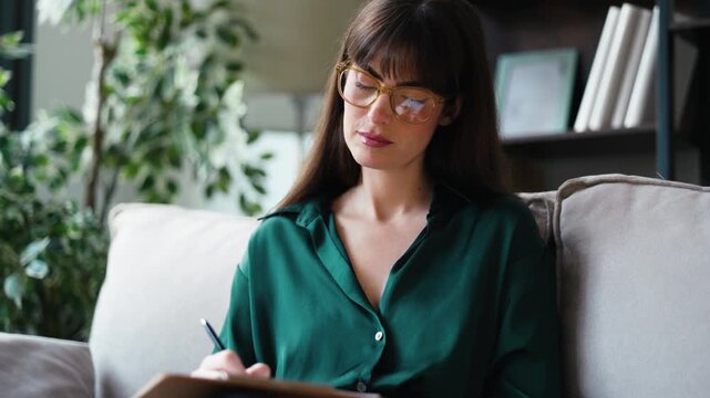 Video of female psychologist taking notes while sitting on the couch in her consultation
